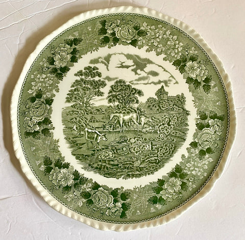 Green Transferware  Chop Plate Platter Grazing Horses & Cows in Meadow w/ Rose Thistle Clover Border