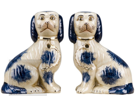 Pair Blue Spots Staffordshire Spaniel Dog Figurines King Charles