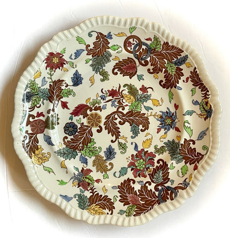 Antique / Vintage Brown Polychrome Transferware Plate Spode Copeland Jacobean Floral