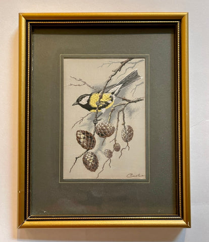 Vintage English Woven Silk Great Tit Bird Framed & Matted