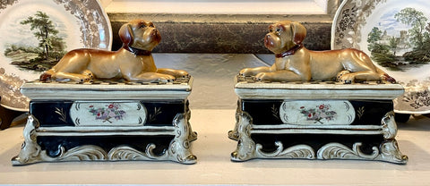 Pair of large 9"  Recumbent Staffordshire Boxer Dogs Resting on Floral Plinth