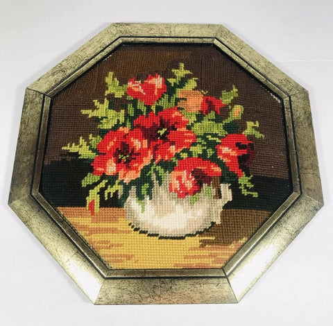Vintage Octagonal Framed Needlepoint Res Poppy Poppies Picture
