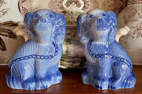 Vintage Pair Blue English Staffordshire Dogs w/ Baskets Spaniel Figurines