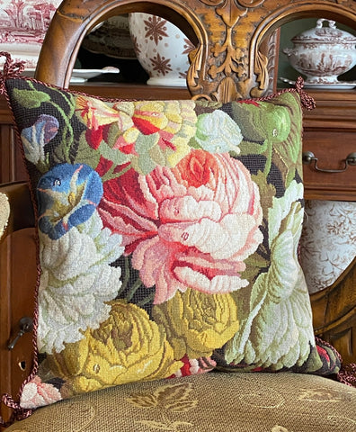 Blue Morning Glory Gold Roses Pink Peony Floral Needlepoint Petit Point Pink Green Brown Pillow Cover