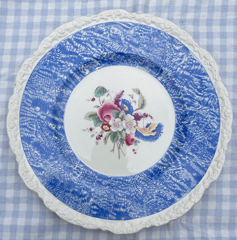 Circa 1930 Faux Bois BLUE Hand Painted English Transferware Charger Plate Bouquet of Roses &Flowers STUNNING
