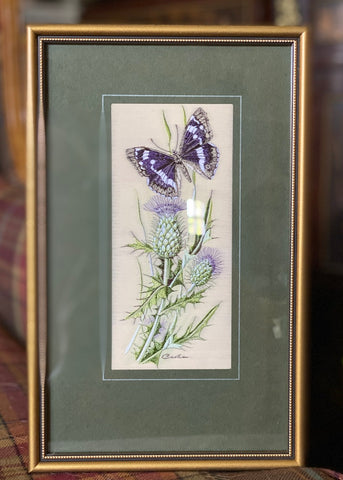 Vintage Scottish Thistle & Purple Emperor Butterfly Woven in Silk Matted in Wood Gold Frame Made in England