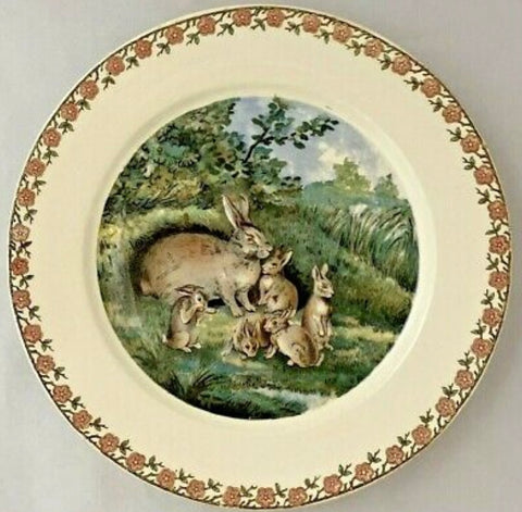 Antique Sarreguemines Rabbit Family Grazing Hillside Transferware Plate with Floral border