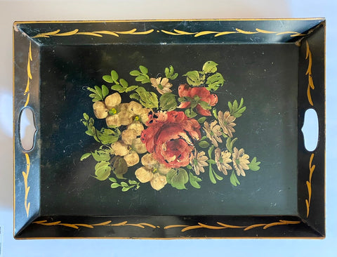 Vintage Black Handled Hand Painted  Roses Toleware Tray