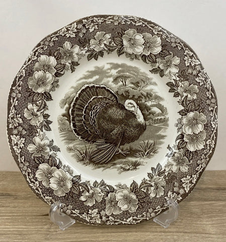 Vintage Wedgwood Brown Transferware Thanksgiving Woodland Turkey Plate w/ Twig & Floral Border