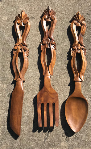 Huge 27" Vintage French Country Farmhouse Carved Wood Knife Fork & Spoon Plaques