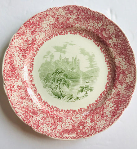 Antique Rare Pink Green Two Color Transferware Plate Vine Flowers Linlithgow Loch Scotland