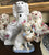 Vintage Bulldog Tan & Cream Staffordshire Dog Figurine w/ Blue Bow & Basket of Puppies - English Country Decor