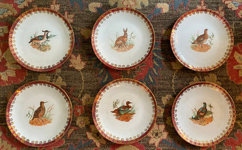 Antique Set of 6 Bavarian Woodland 9” Plates Hand Painted Rabbit Quail Birds