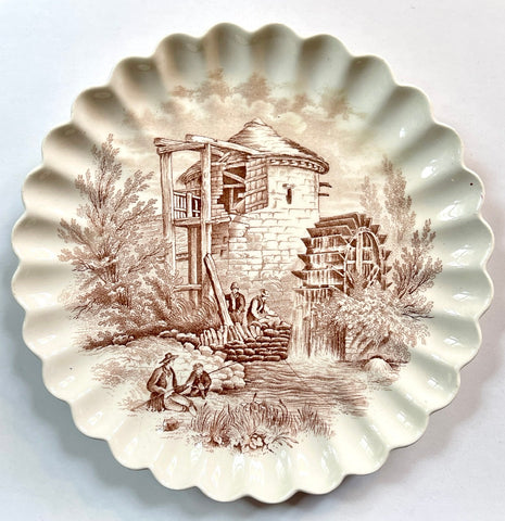 Antique Spode Copeland Brown Transferware Fluted Edge Plate Boys Fishing Water Mill