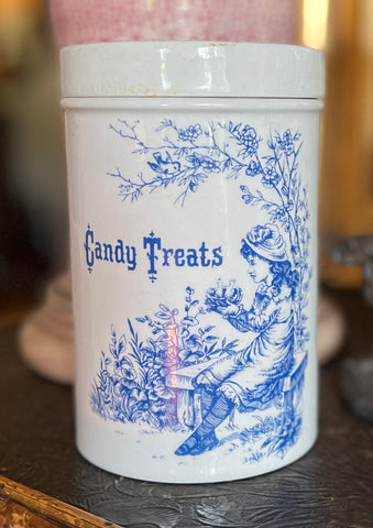 English Ironstone Candy Treats Jar Blue Print with Little Girl holding a Birds Nest Vintage Candy Jar