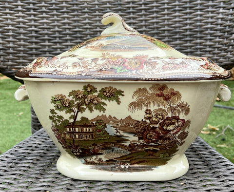 Large Brown Toile English Transferware Soup Tureen Tonquin Flowers Roses Clarice Cliff