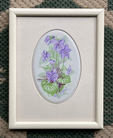 Vintage English Woven Silk Violets Flowers Matted in Cream Frame