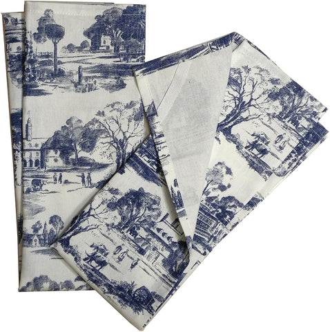 Pair of Blue & White Toile Colonial Country French w/ Cows Dish or Tea Towels