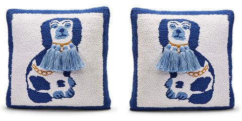 Pair of Left & Right Blue & White Staffordshire Dog Punch Embroidery Pillows w/ Tassels