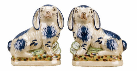 Pair Blue & Off White Staffordshire Rabbit Figurines  - English Country Decor