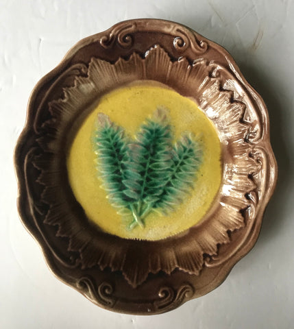 Fern Frond Leaves Antique Majolica Oval Candy Dish Plate Golds Greens Brown