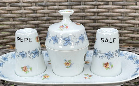 Blue & White Condiment Tray, Mustard Pot / Jar,  Salt & Pepper Shaker Set  (Pepe & Sale) Schonwold Germany