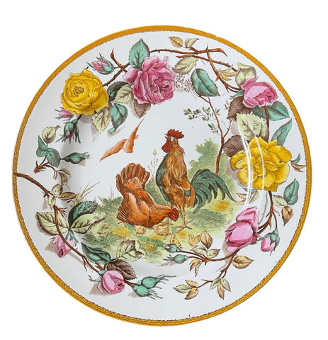 Rustic Rooster Hen & Chicks Antique Wedgwood Transferware Plate Pink & Yellow Roses