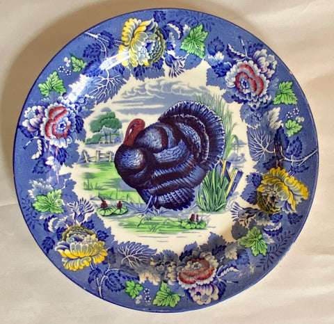 Vintage Thanksgiving Turkey Plate Enoch Wood & Sons English Scenery Blue Polychrome Transferware
