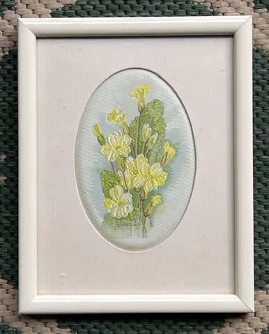 Vintage English Woven Silk Yellow Primrose Flowers Matted in Cream Frame