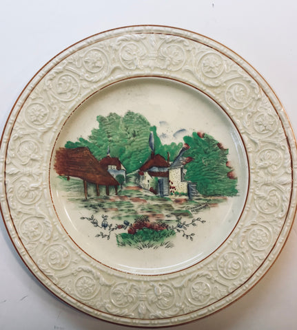 Transferware Plate English Thatched cottage Garden / Embossed Rim