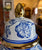 Designer Pair Large 14” Blue & White Chinoiserie Prunus Temple Jars w/ Gold Finials