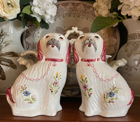 Vintage Pair of Hand Painted Blue Pink & Yellow Floral Staffordshire Spaniel Dog Figurines