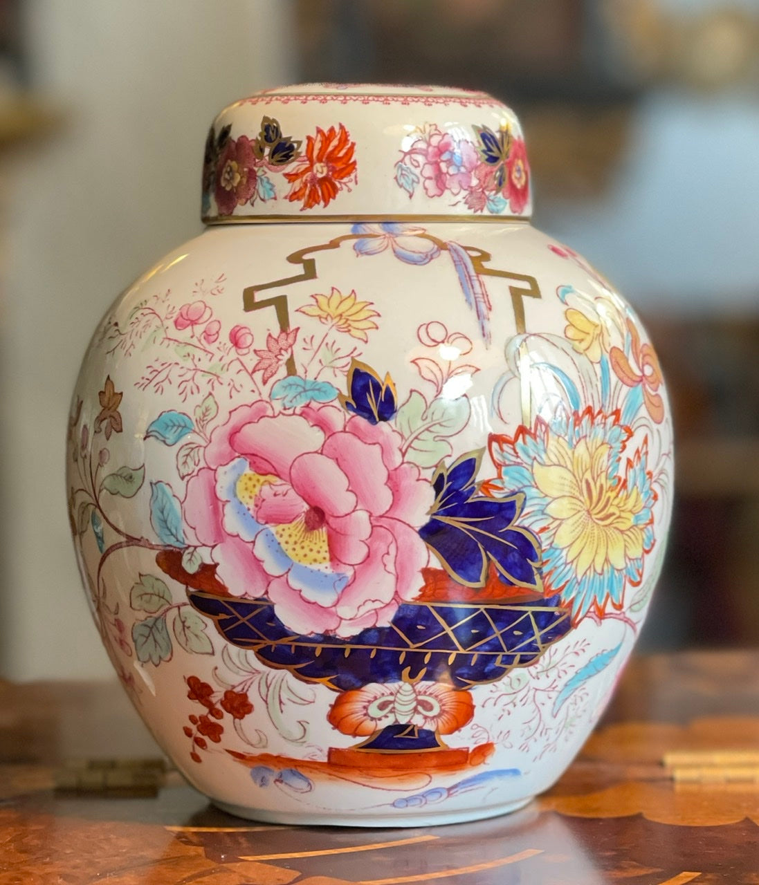 English Ironstone Ginger Jar Vase / canister Pink Peonies Vintage Tran