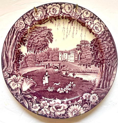 Vintage Purple Aubergine Transferware Plate Dripping Roses Hills Castle Dalguise Wood and Sons Circa 1930