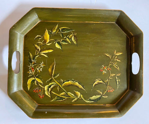 Hand Painted & Signed Berries &  Vines Vintage Green Tole Tray Toleware