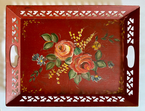 Vintage Handled Reticulated Hand Painted Floral Red Tole Toleware Tray
