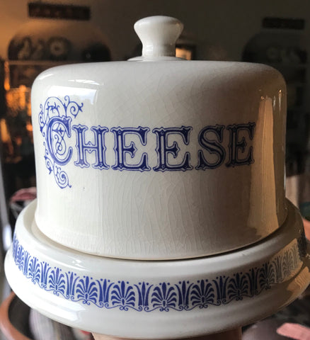 English Blue & White Transfer CHEESE Dome & Slab / Dairy Egg Holder