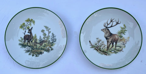 Pair of Vintage Bavarian Woodland 🦌 Fawn Deer Stag Doe in the Forest Plates Green Trim