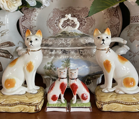 Vintage Pair 8" Caramel Spotted Staffordshire Cat Figurines on Green Tassel Pillow Base