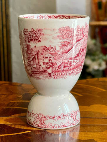 Red Transferware English Double Egg Cup Rural Scenes Farm Cows Pigs