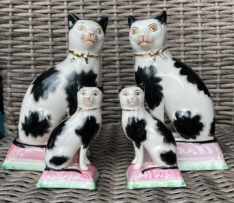 2 Pair Antique English Staffordshire Black Spotted Cat Figurines on Pink & Green Bases