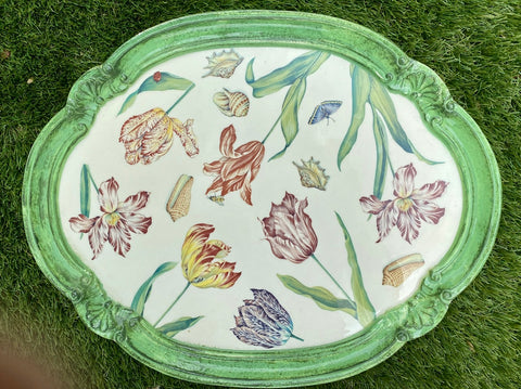 Italian Florentine Wood Tray Painted Parrot Tulips Ladybug Butterfly Shells