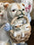 Vintage Bulldog Tan & Cream Staffordshire Dog Figurine w/ Blue Bow & Basket of Puppies - English Country Decor