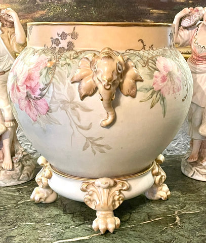 C. 1891 Limoges RARE Jean Pouyat French Elephant Handle Jardiniere & Claw Foot Plinth Stand  Hand Painted Lily
