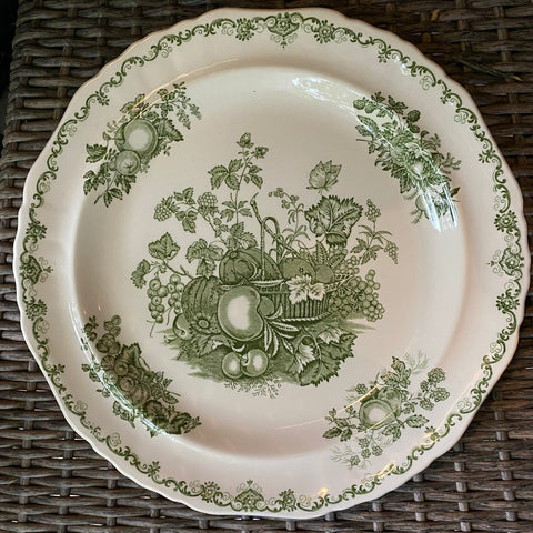 Green English Transferware Round Cookie Tray / Platter Mason Harvest Fruits in a Basket
