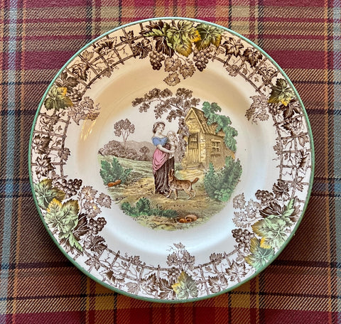 Spode Byron Brown Green Polychrome Transferware Salad Plate Mother Holding Baby