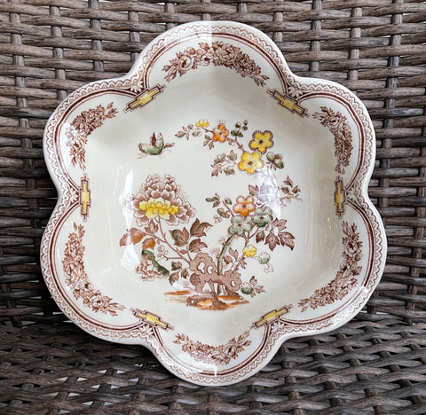 Brown Transferware Hand Painted Chinoiserie Prunus Bloom Fluted Flower Shape Scalloped Bowl