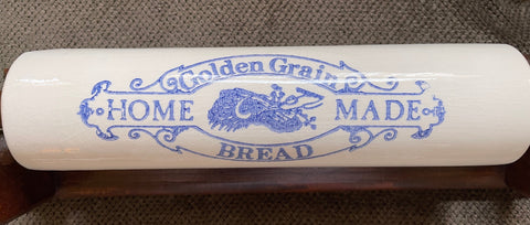 Blue Transferware Golden Grain Bread Advertising Rolling Pin Kitchen Decor