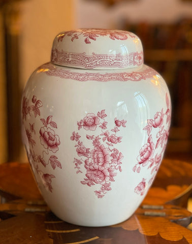 Antique Small Cookie Barrel, Hand Painted Cookie Jar, Pink Flowers