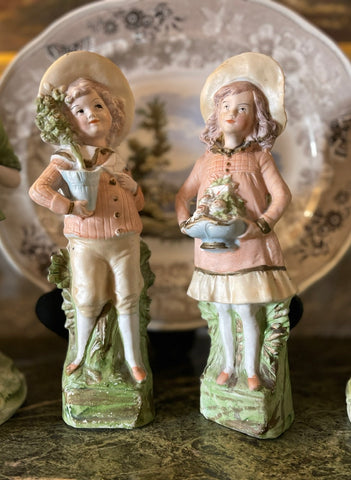 Antique Pair Figurines Boy & Girl w/ Potted Flowers Birdcages Hand Pai